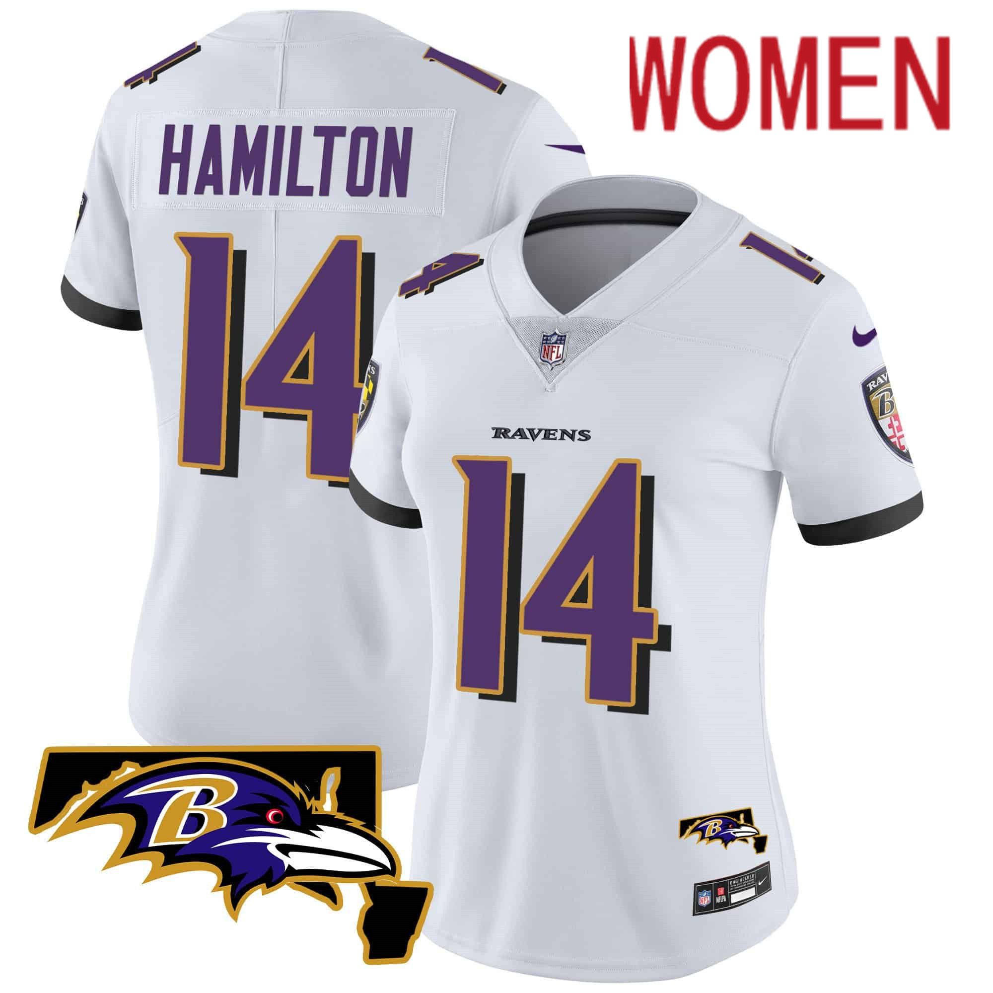 Women Baltimore Ravens #14 Hamilton White 2024 Nike Maryland Patch Vapor Limited NFL Jersey->women nfl jersey->Women Jersey